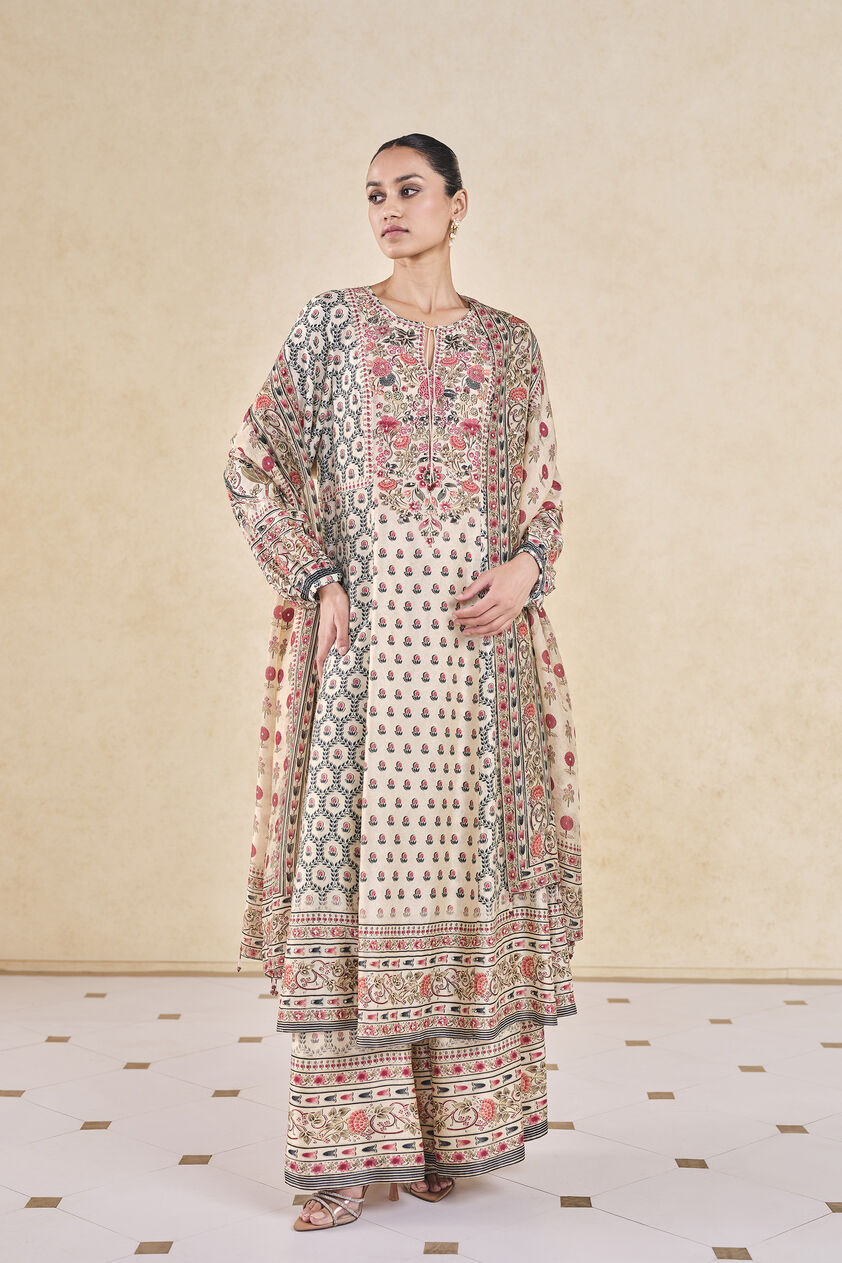 Demoiselle Printed Sequin Silk Suit Set - Cream, Cream, image 1